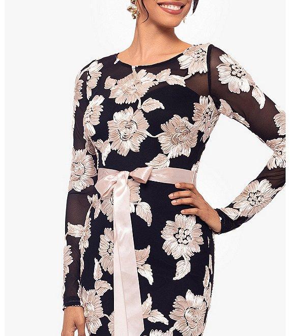 Betsy & Adam Floral Embroidered Mesh Crew Neck Long Sleeve Tie Waist Gown Product Image