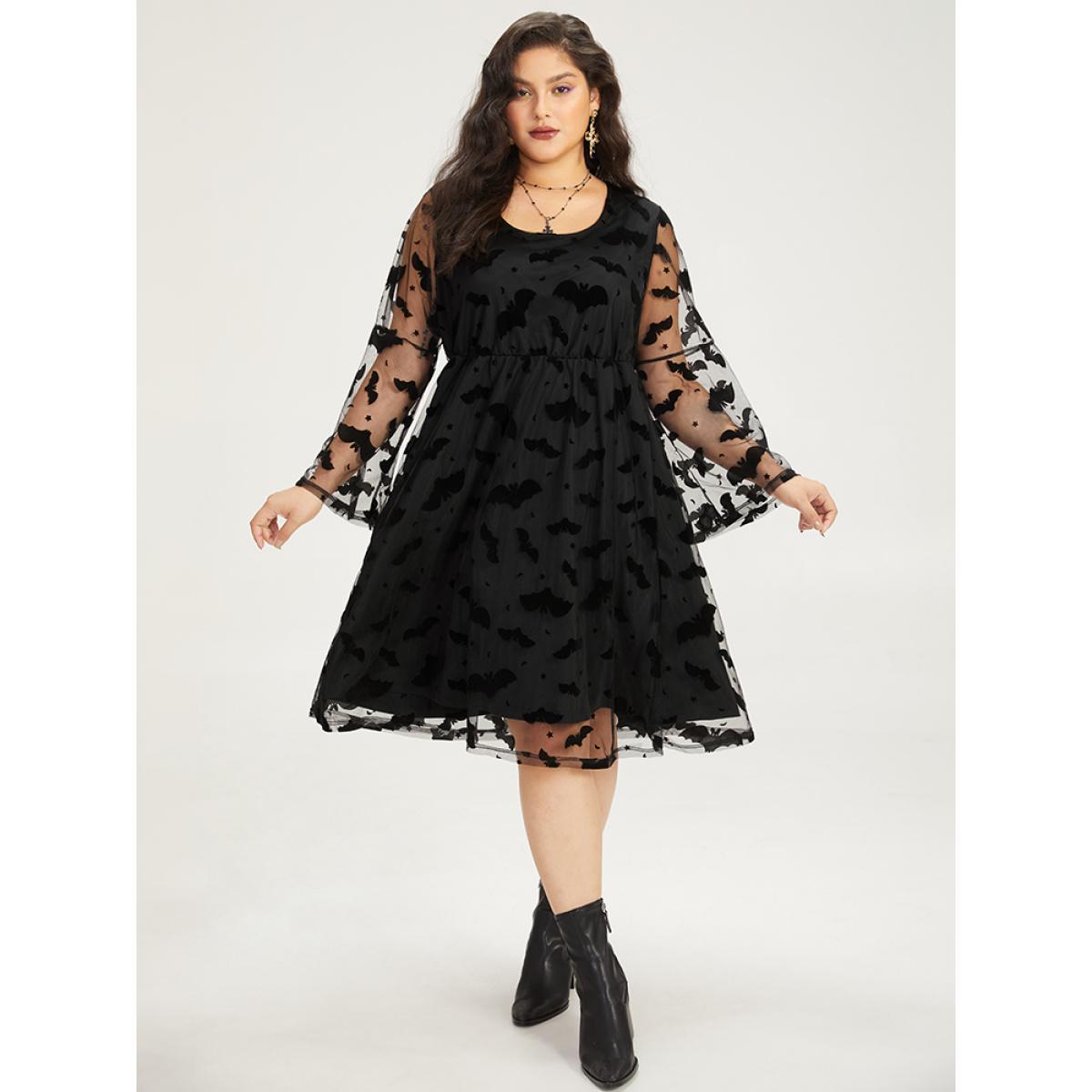 Plus Size Halloween Bat Print Mesh Long Sleeve Dress Black Women Elegant See through Round Neck Long Sleeve Curvy Midi Dress BloomChic 12/L Product Image