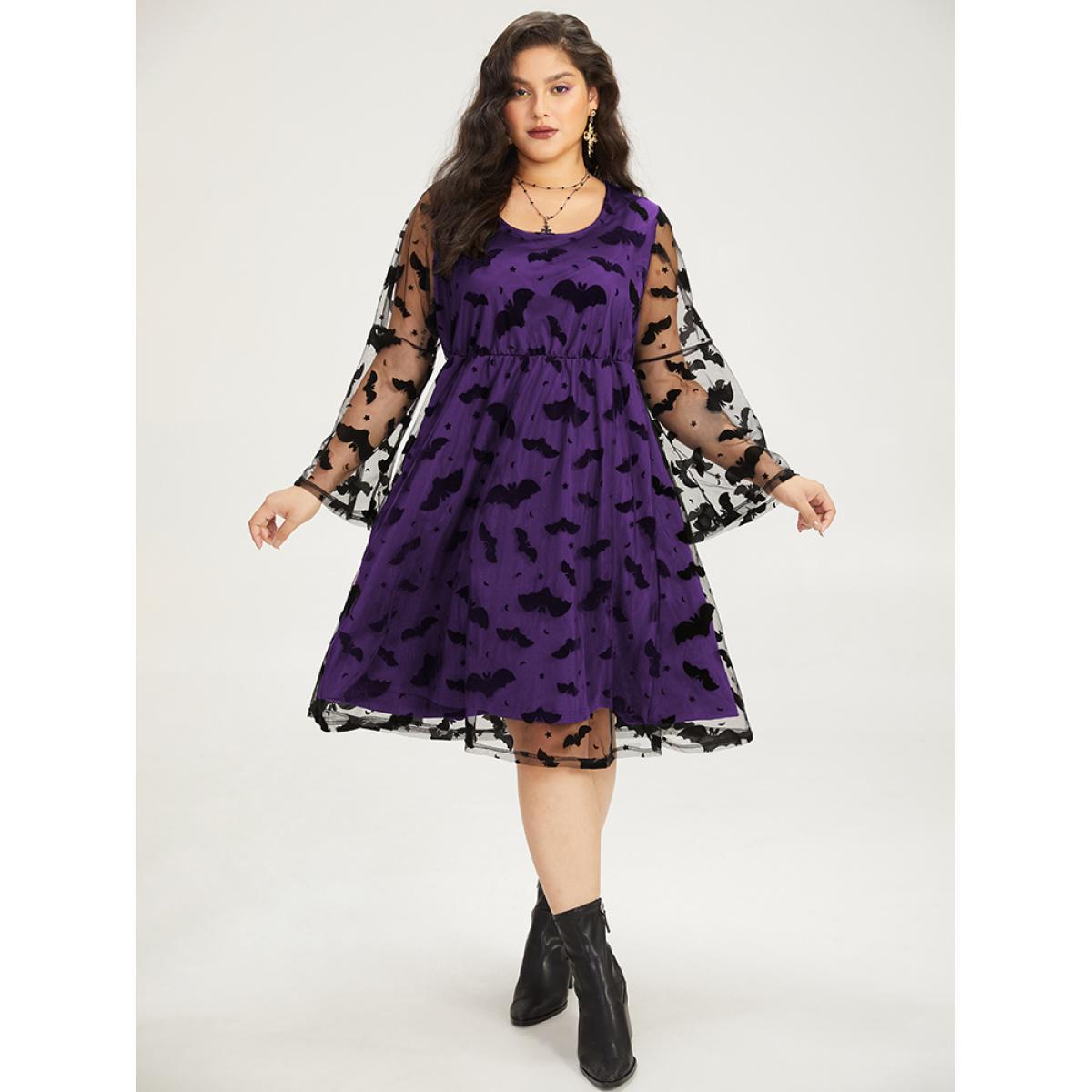Plus Size Halloween Bat Print Mesh Long Sleeve Dress Purple Women Elegant See through Round Neck Long Sleeve Curvy Midi Dress BloomChic 30/6X Product Image