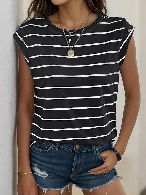 Loose Short Sleeves Split-Joint Striped Round-Neck T-Shirts Product Image