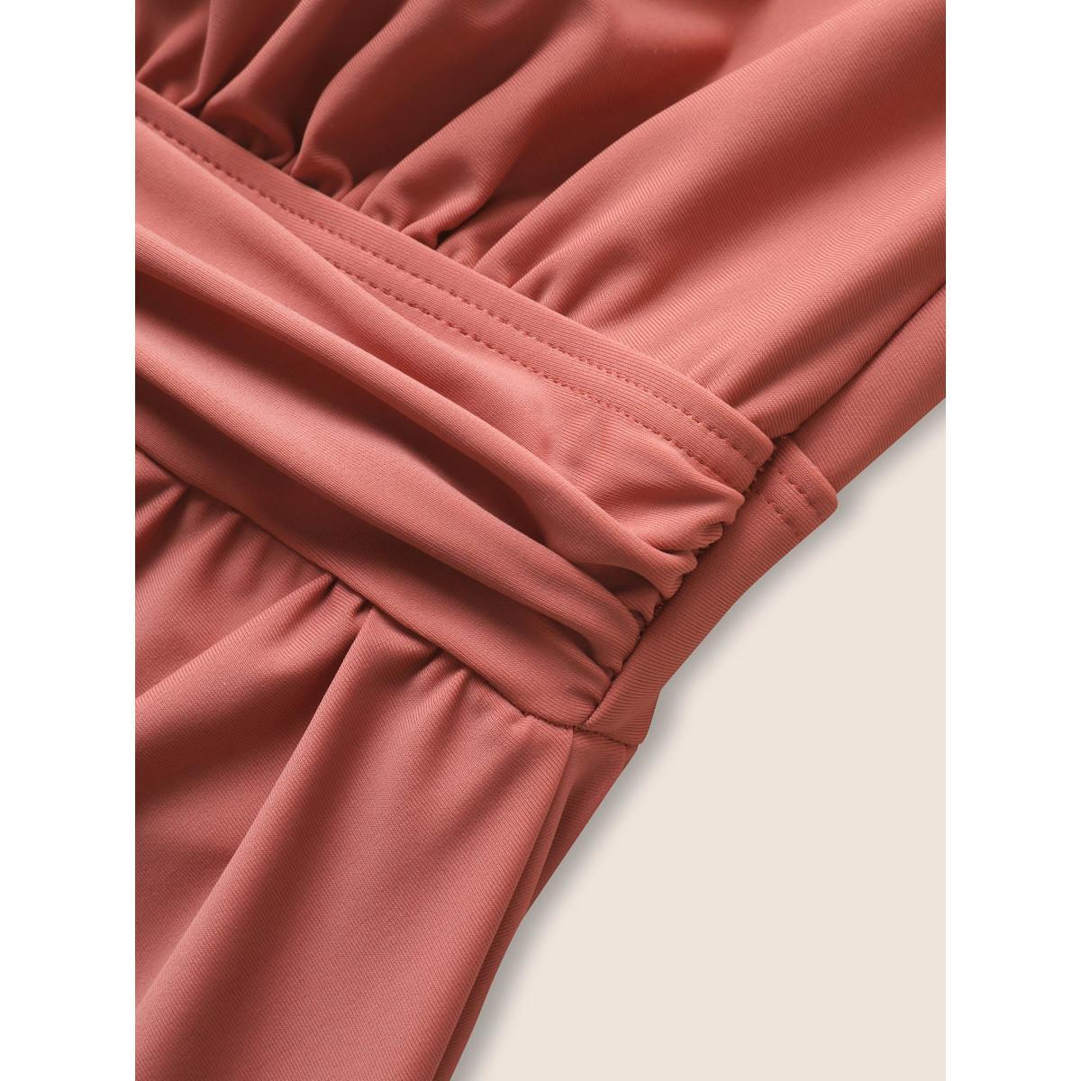 Plus Size Ruffle Trim Adjustable Straps Gathered Sculpt Waist Swim Dress Women's Swimwear Salmon Beach Bodycon V-neck High stretch Curve Swim Dresses BloomChic 14-16/1X Product Image
