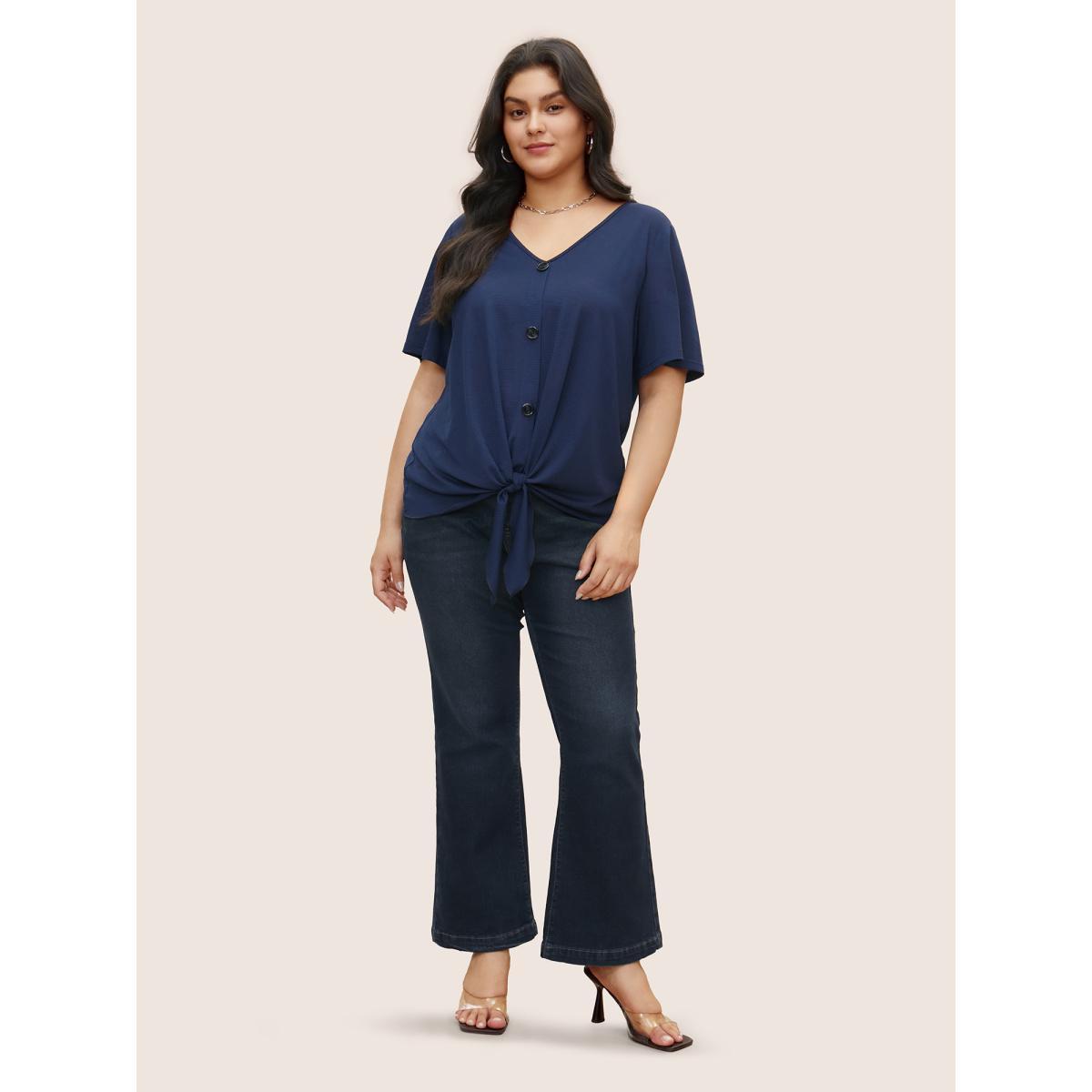 Plus Size Plain Twist Front Button Detail T-shirt Midnight Women Casual Tie knot Plain V-neck Everyday T-shirts BloomChic 30/6X Product Image