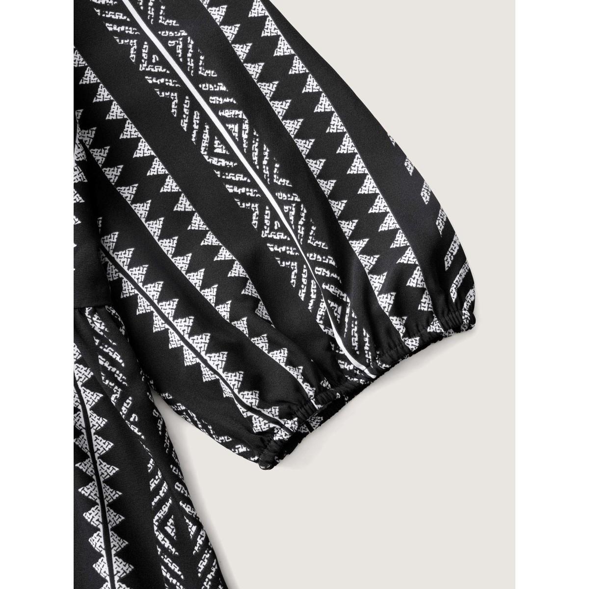 Plus Size Black Bandana Geometric Lantern Sleeve Gathered Blouse Women Resort Elbow-length sleeve V-neck Vacation Blouses BloomChic 18-20/2X Product Image