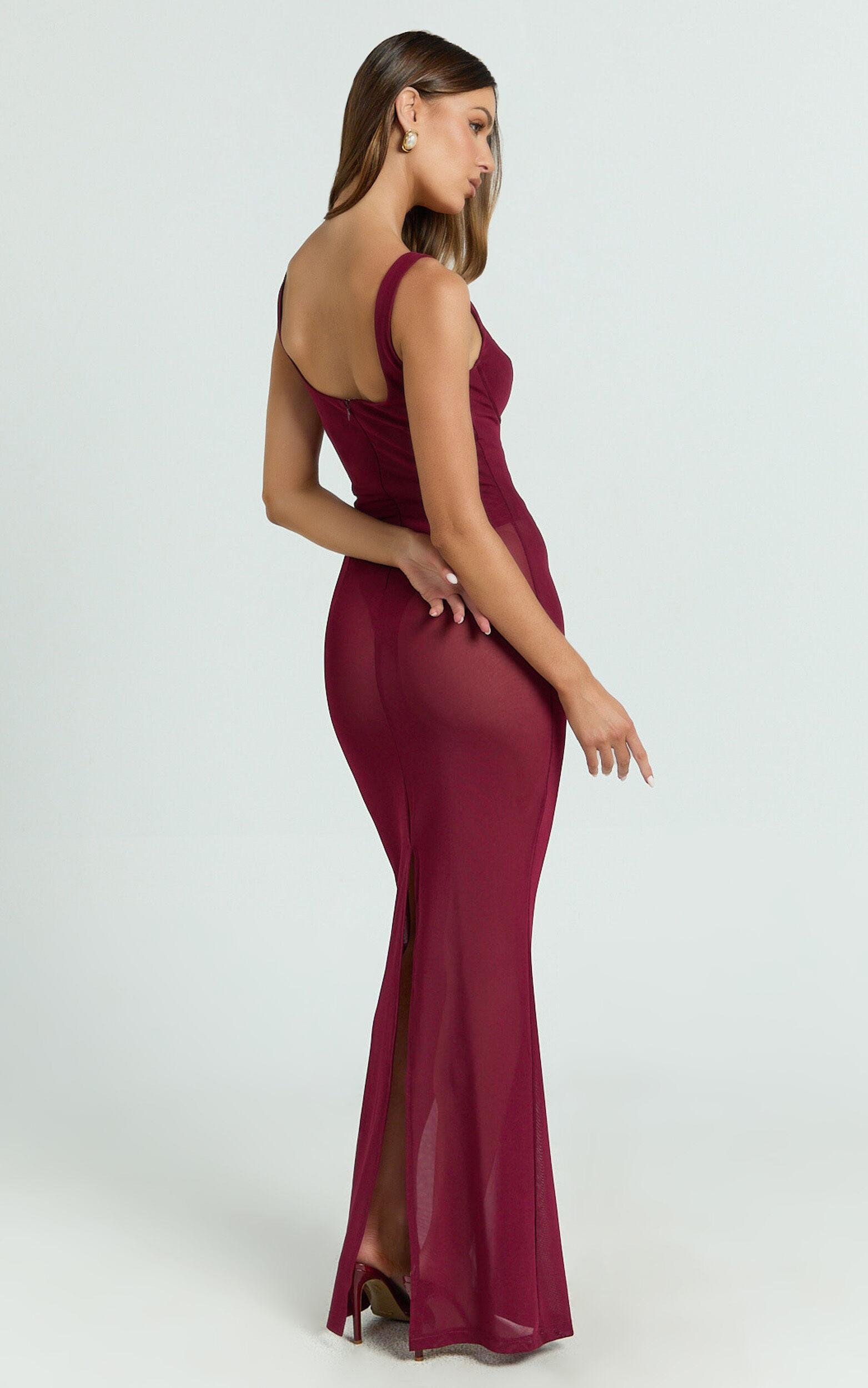 Laney Maxi Dress - Mesh Sweetheart Neck Bodycon Dress in Wine Product Image