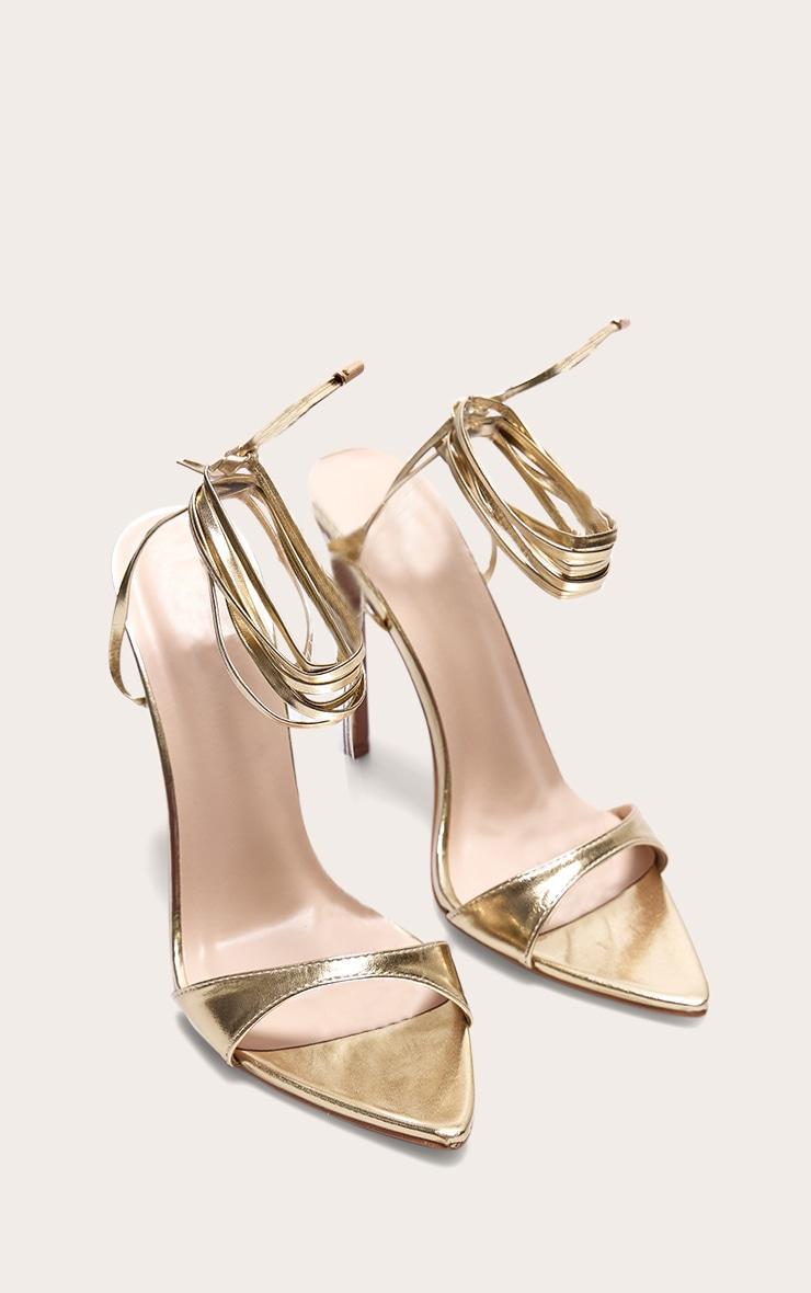 Gold PU Point Toe High Heeled Lace Up Sandals Product Image