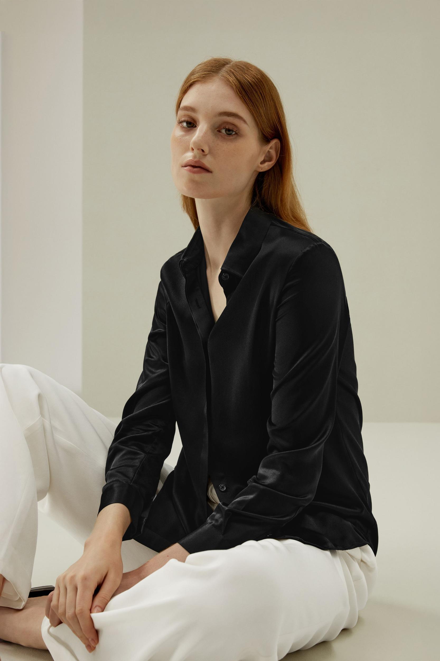Basic Concealed Placket Silk Shirt Product Image