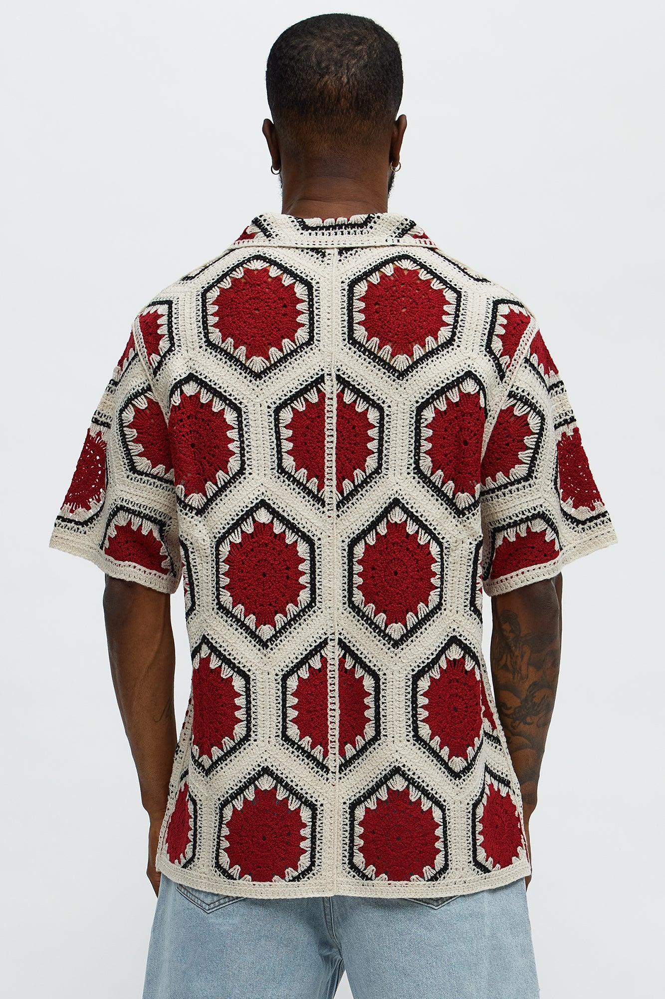 Vacay Vibes Crochet Button Up Shirt - Red/combo Male Product Image