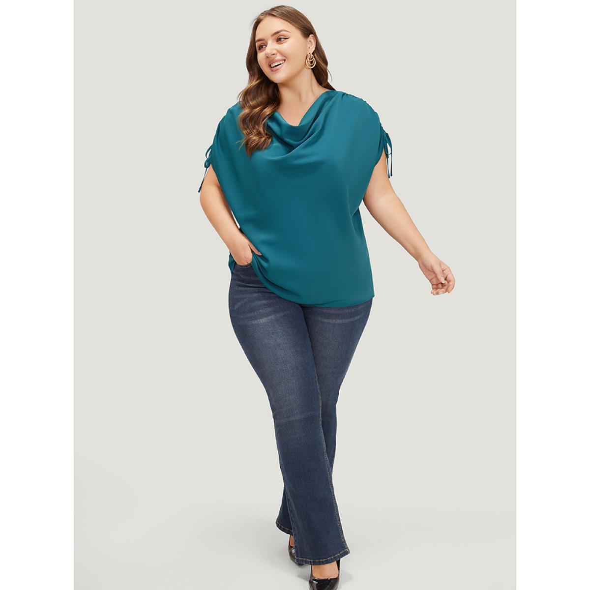 Plus Size Aegean Solid Cowl Neck Drawstring Sleeve Blouse Women Office Short sleeve Cowl Neck Work Blouses BloomChic 28/5X Product Image