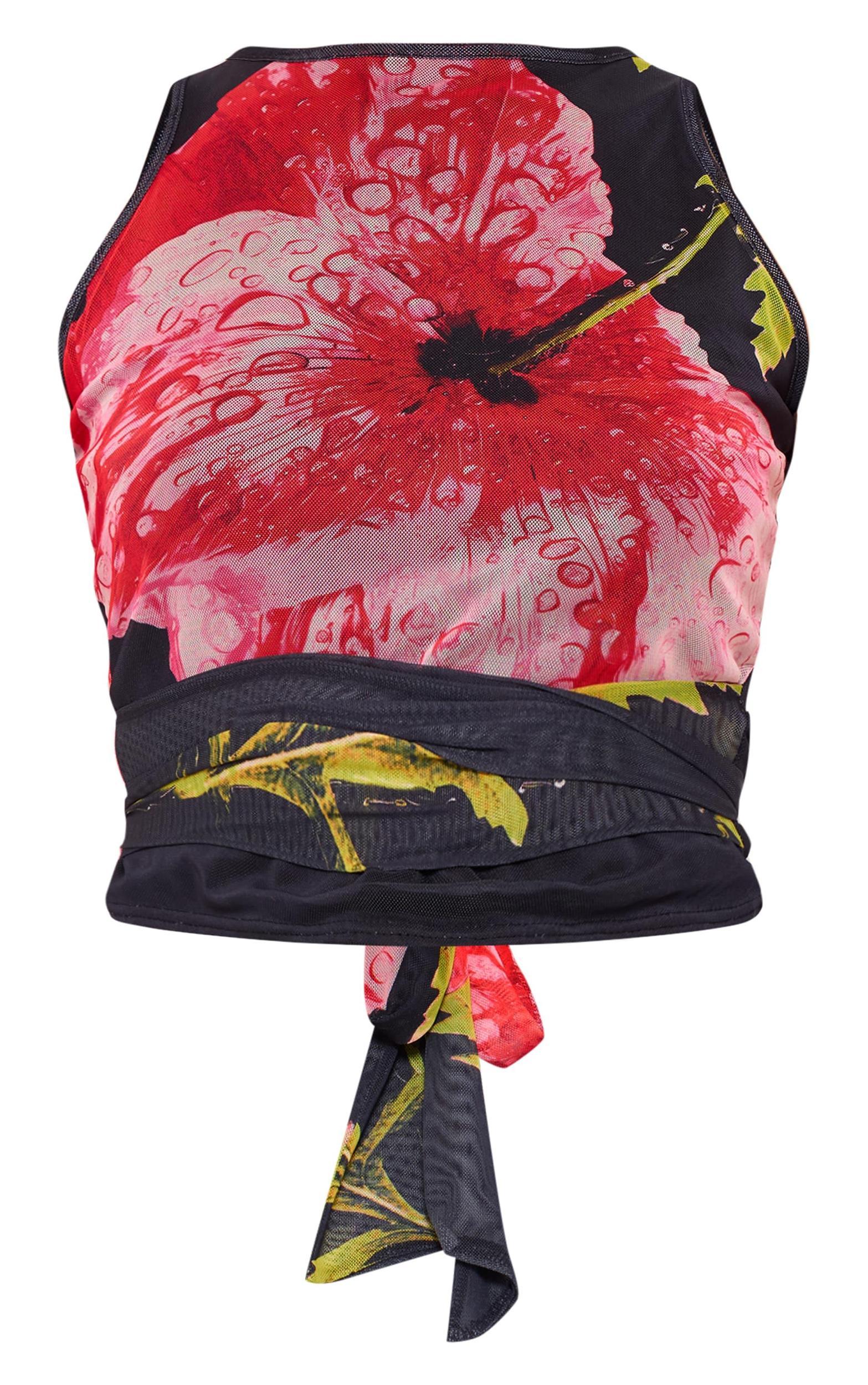  Black Printed Mesh Tie Detail Boat Neck Top Product Image