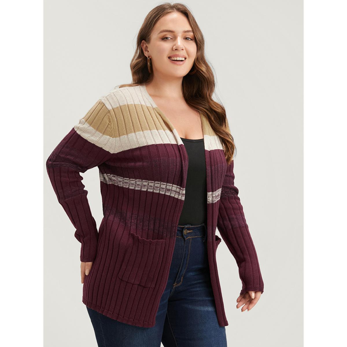 Plus Size Colorblock Contrast Super Soft Rib Knit Pocket Open Front Cardigan Burgundy Women Casual Long Sleeve Dailywear Cardigans BloomChic 10/M Product Image