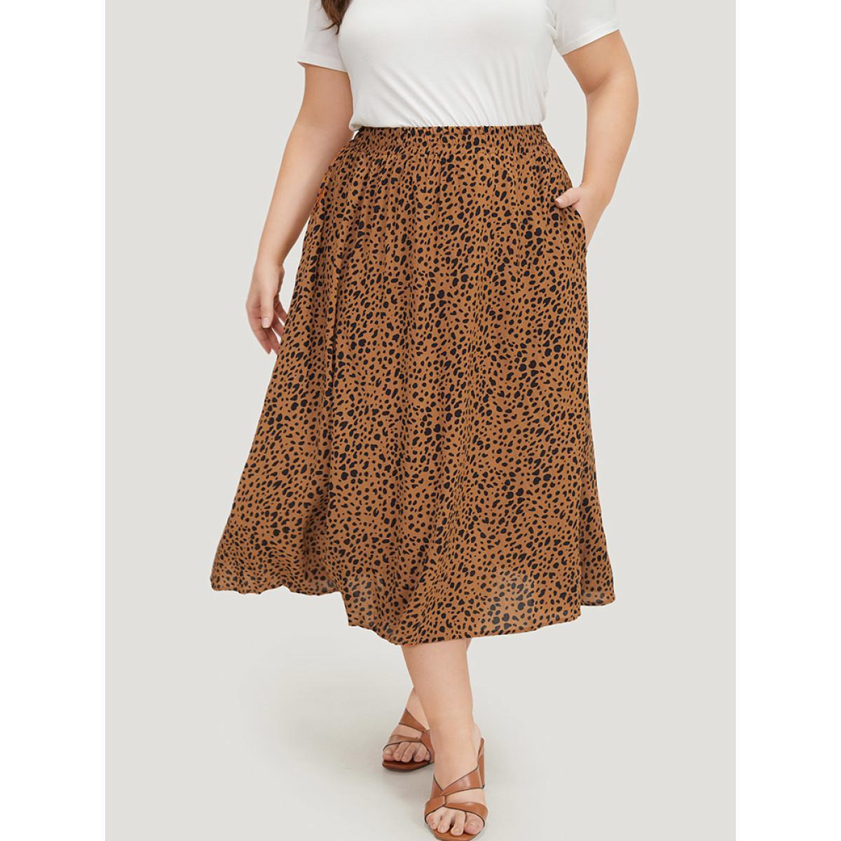 Plus Size Leopard Print Pocket Shirred Waist Skirt Women Leopard Elegant Pocket No stretch Pocket Dailywear Skirts BloomChic 14-16/1X Product Image