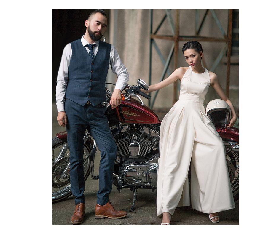 Sleeveless Halter Neck Plain Satin Wide Leg Jumpsuit Product Image