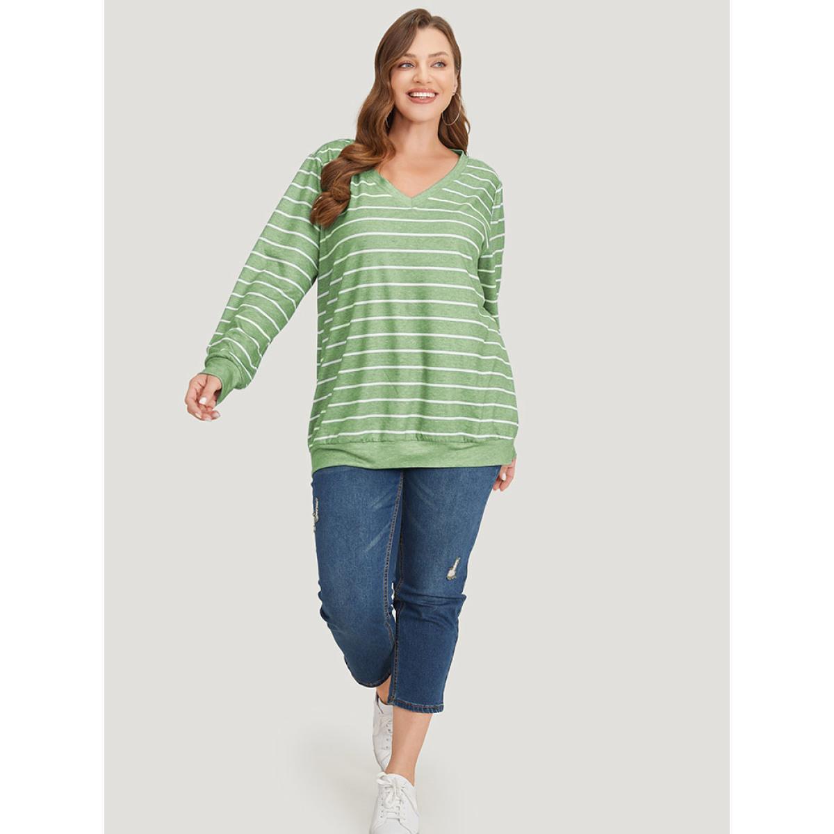 Plus Size Striped Print V Neck Sweatshirt Women Green Casual V-neck Dailywear Sweatshirts BloomChic 28/5X Product Image