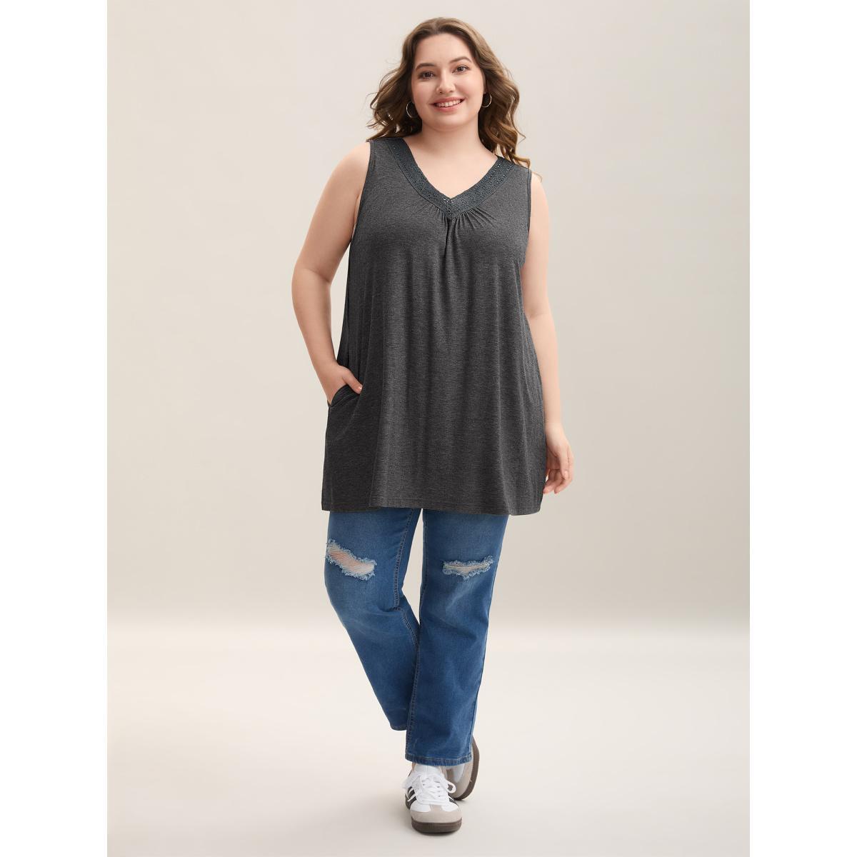 Plus Size Lace Spliced Pleated Sleeveless Solid Top Women DimGray Casual Woven ribbon&lace trim V-neck Everyday-Casual Tank Tops Camis BloomChic 28/5X Product Image