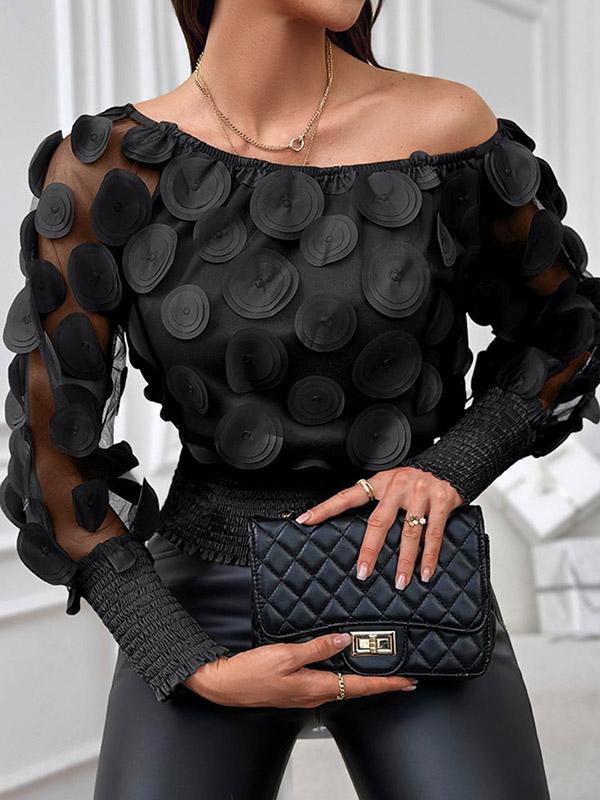 Loose Puff Sleeves Elasticity Gauze See-Through Solid Color Split-Joint Round-Neck Blouses Product Image