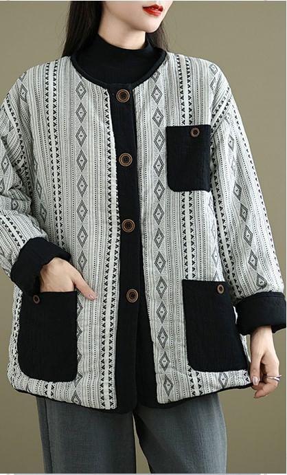 V-Neck Argyle Button-Up Quilted Jacket Product Image