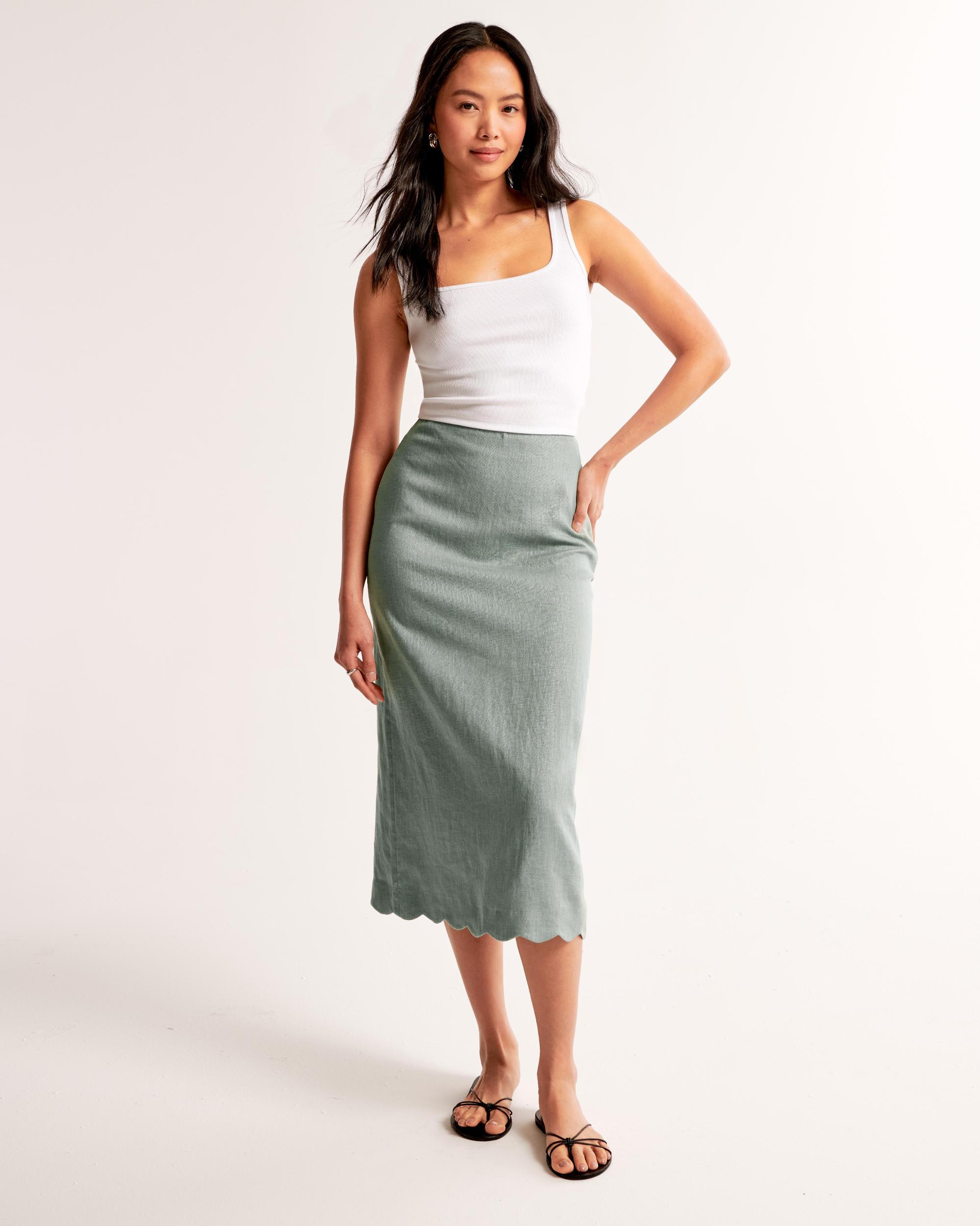Premium Linen Scallop-Hem Midi Skirt Product Image