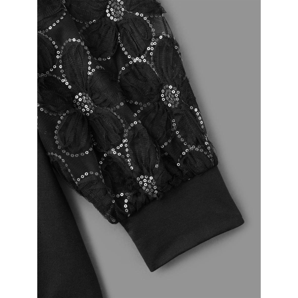 Plus Size Floral Sequin Mesh Patchwork Sweatshirt Women Black Elegant Patchwork Round Neck Everyday Sweatshirts BloomChic 30/6X Product Image