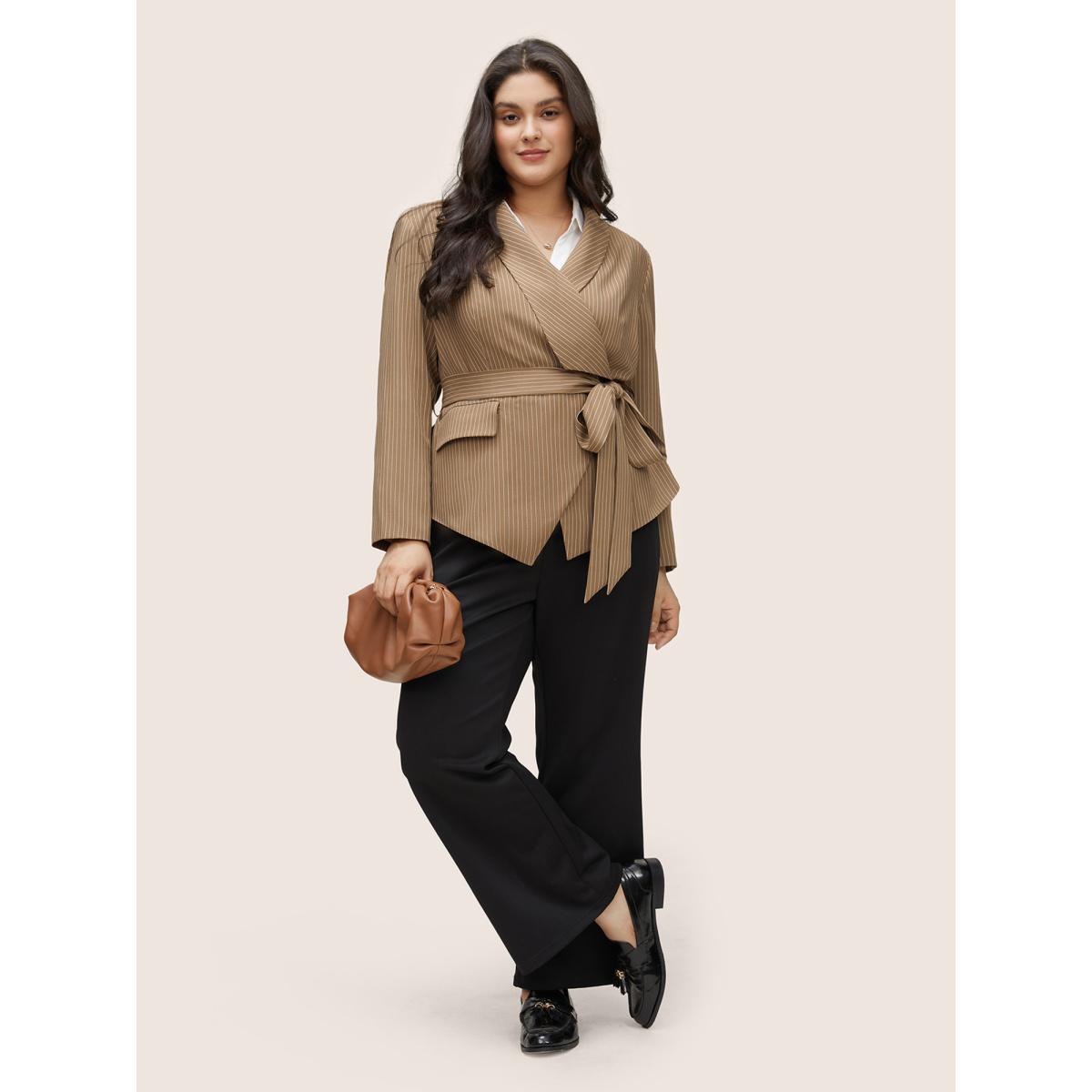 Plus Size Striped Asymmetrical Hem Belted Flap Pocket Blazer Bronze Women Work Striped Non Sleeve Long Sleeve Suit Collar 30/6X Open pocket with flap Belt At the Office Blazers BloomChic Product Image