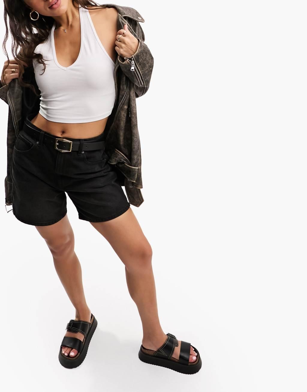 ASOS DESIGN Hourglass denim dad shorts in washed black Product Image