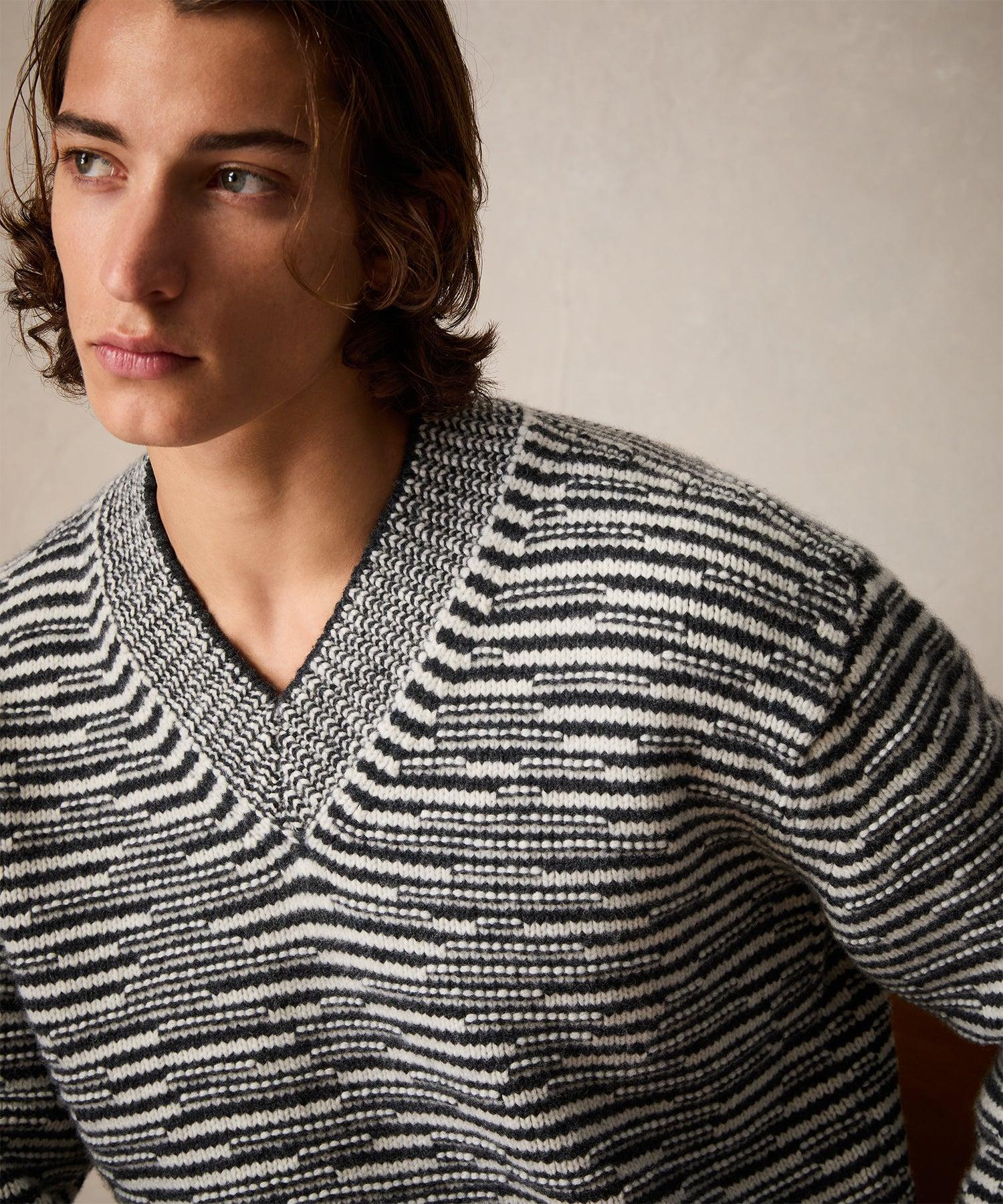 Merino Striped V-Neck Sweater in Charcoal Product Image