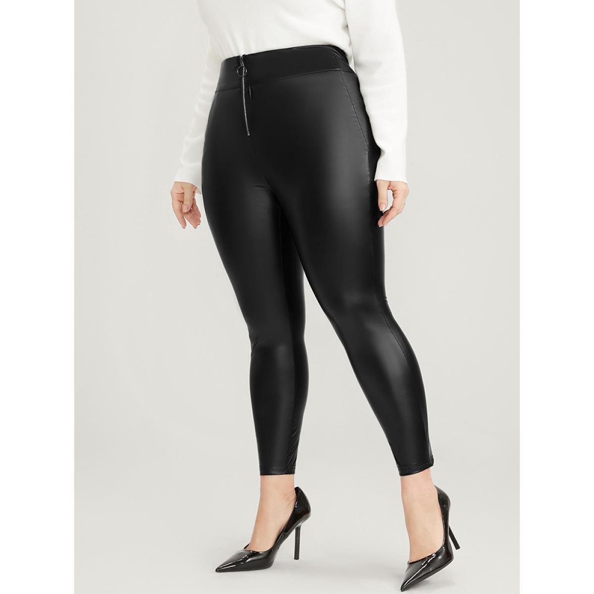 Plus Size PU Leather Wideband Waist Zipper Skinny Leggings Women Black Party Low stretch Skinny Mid Rise Going out Leggings BloomChic 14-16/1X Product Image