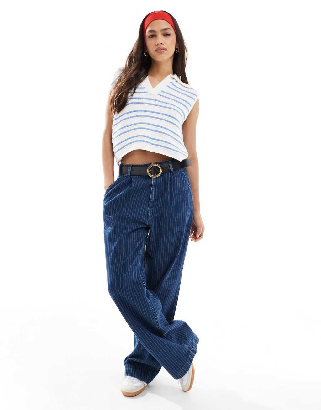 ASOS DESIGN knit tank top with collar detail and tipping in blue Product Image