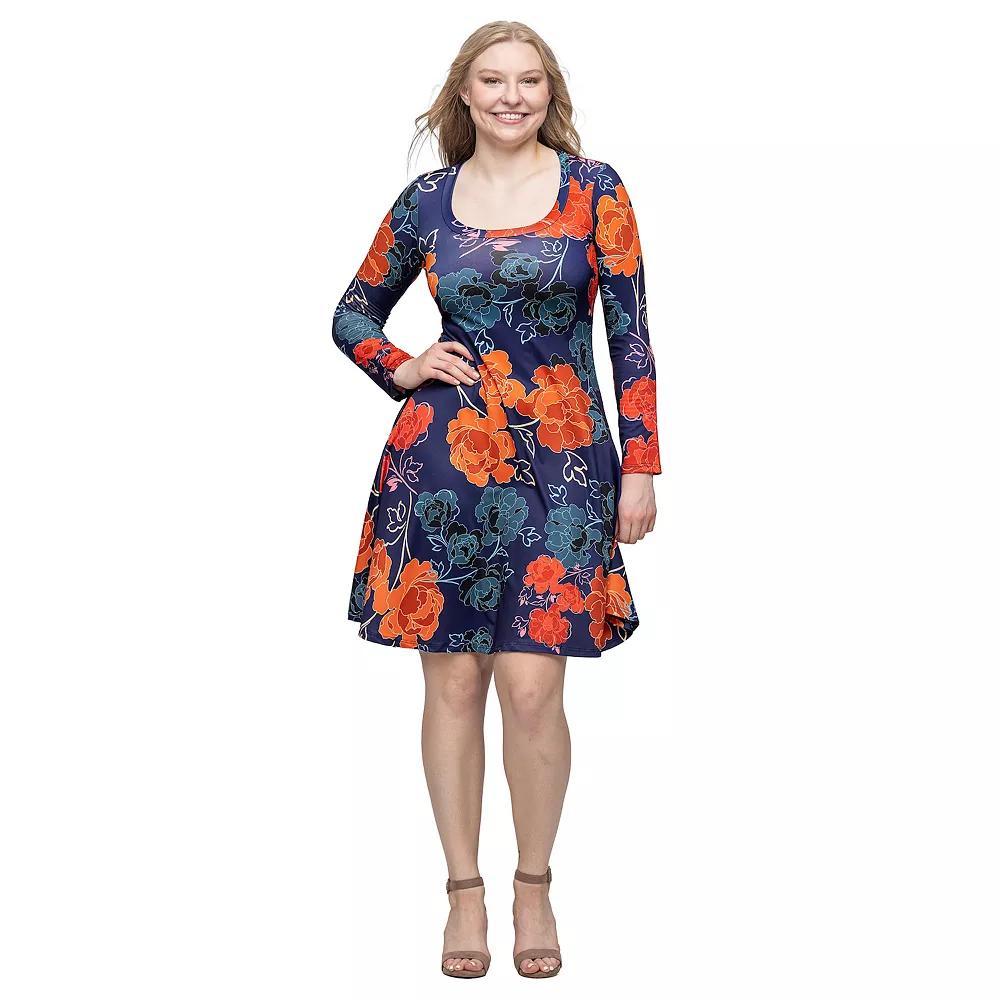Women's 24Seven Comfort Apparel Floral Print Long Sleeve Knee Length Dress, Size: Small, Blue Team Product Image