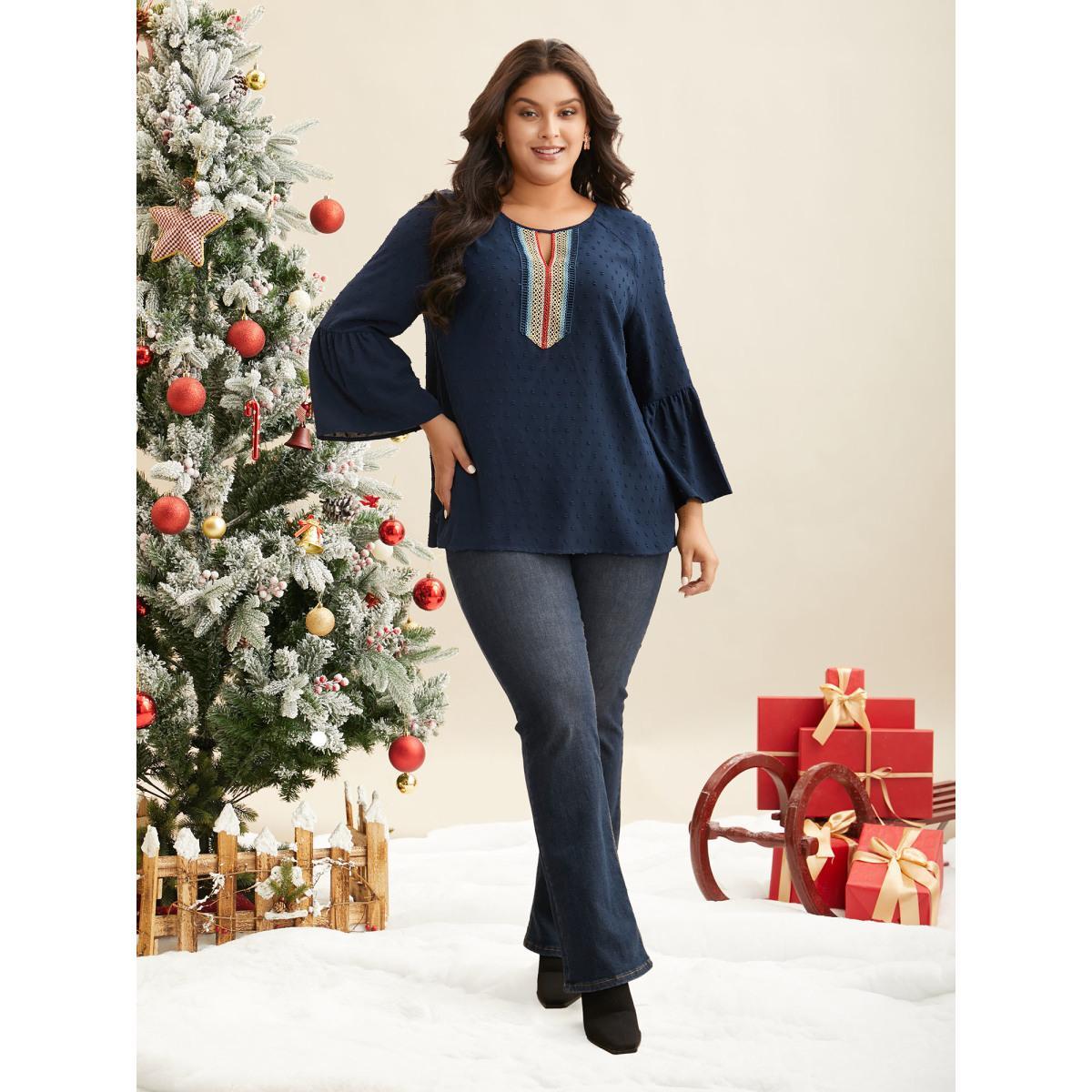 Plus Size Indigo Textured Embroidered Neckline A-Line Blouse Women Casual Three Quater Length Sleeve V-neck Everyday Blouses BloomChic 26/4X Product Image