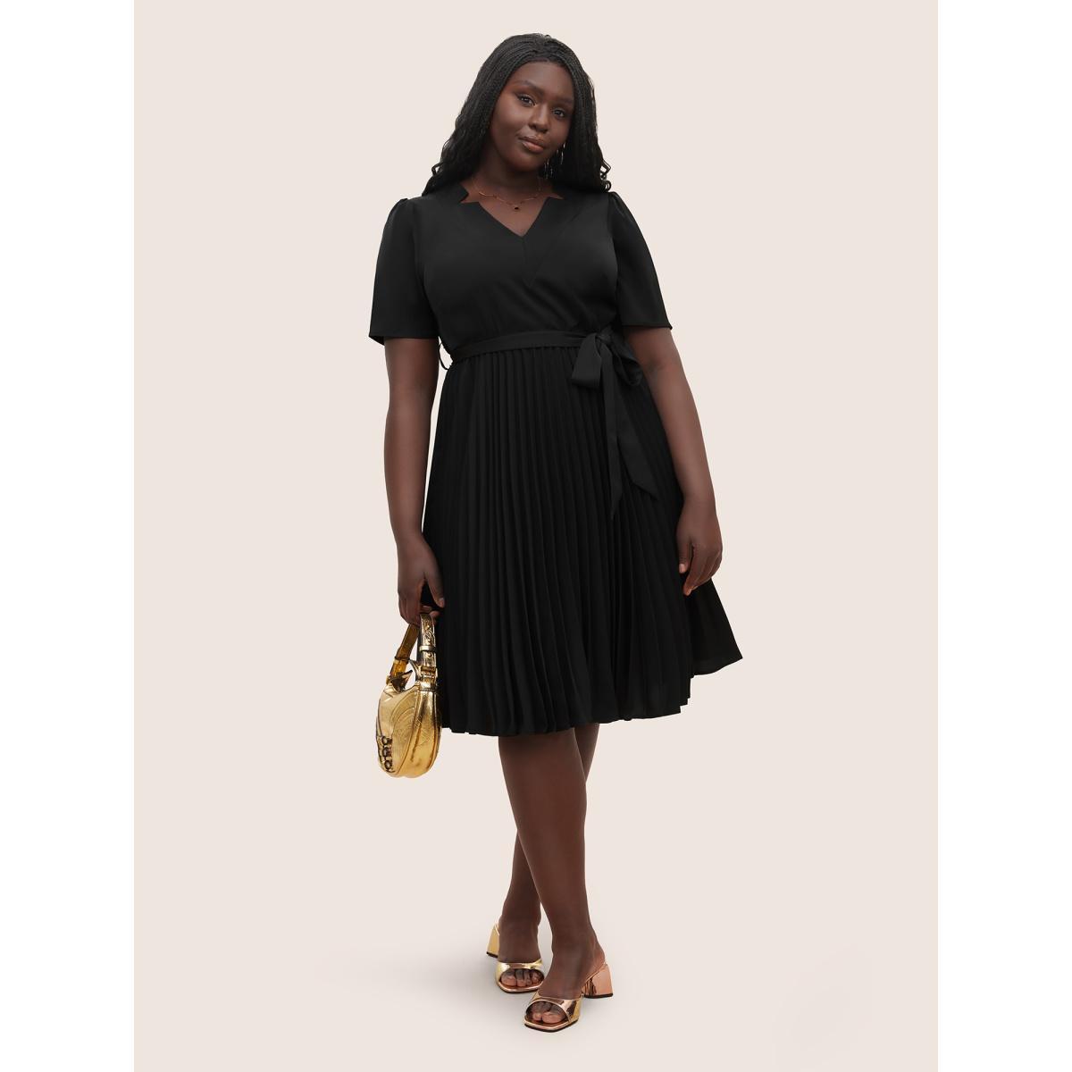 Plus Size Solid Pleated Buckle Detail Belted Dress Black Women Workwear Essentials Non V-neck Short sleeve Curvy Midi Dress BloomChic 14-16/1X Product Image