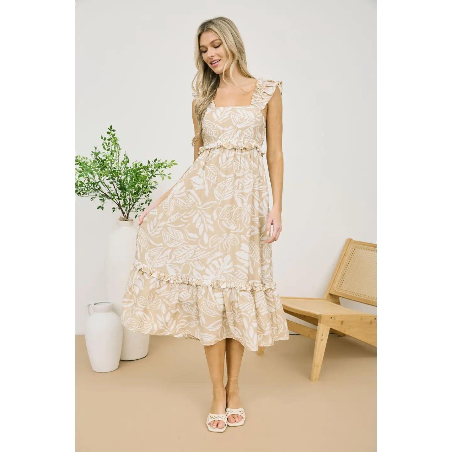 Taupe Tropical Print Ruffle Detail Midi Dress Female Product Image