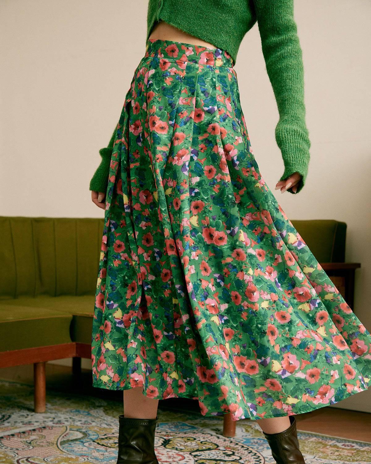 The Green Pleated Floral Skirt Female Product Image