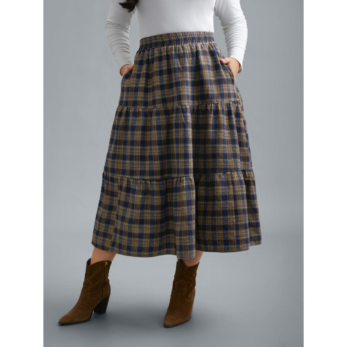 Plus Size Plaid Pattern Stretchy Waist Skirt Women Indigo Elegant Gathered No stretch Side seam pocket Everyday Skirts BloomChic 12/L Product Image