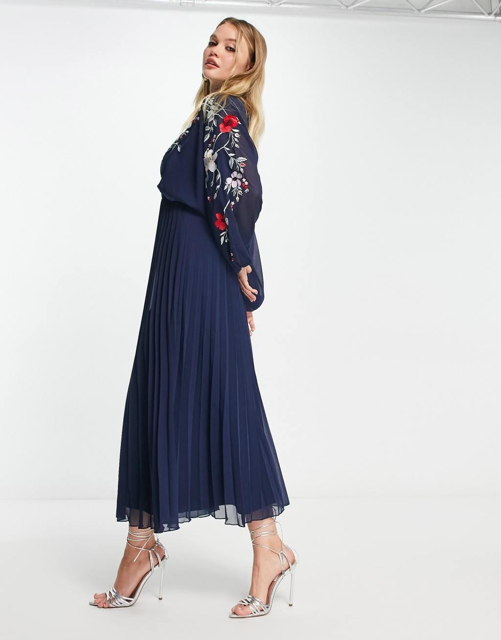 ASOS DESIGN embroidered blouson open back pleated midi dress Product Image