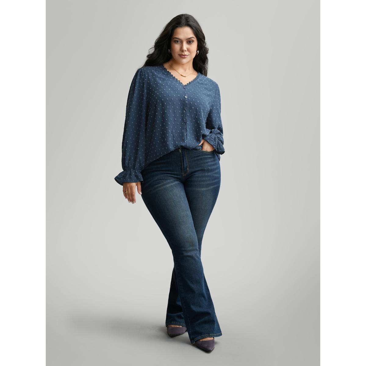 Plus Size Indigo Textured Lace Trim Patchwork Ruffles Blouse Women Elegant Long Sleeve V-neck Everyday Blouses BloomChic 26/4X Product Image