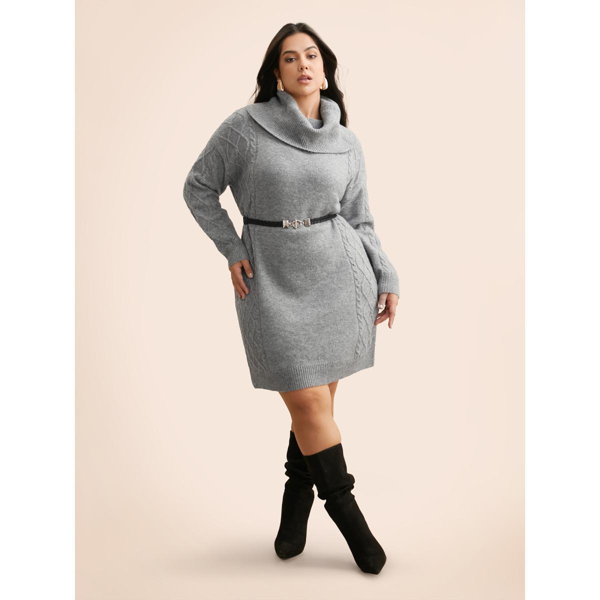 Plus Size Airy Cozy Cable Knit Wool Sweater Dress DimGray Women Casual Loose Long Sleeve Everyday Sweater Dresses BloomChic 12/L Product Image
