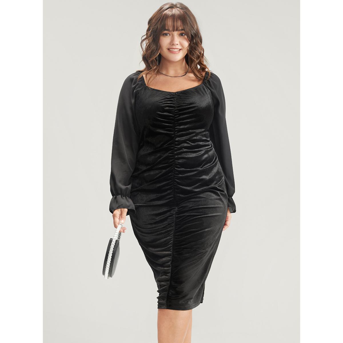 Plus Size Solid Lantern Sleeve Ruched Velvet Knee Dress Black Women Party Gathered V-neck Long Sleeve Curvy Knee Dress BloomChic 30/6X Product Image