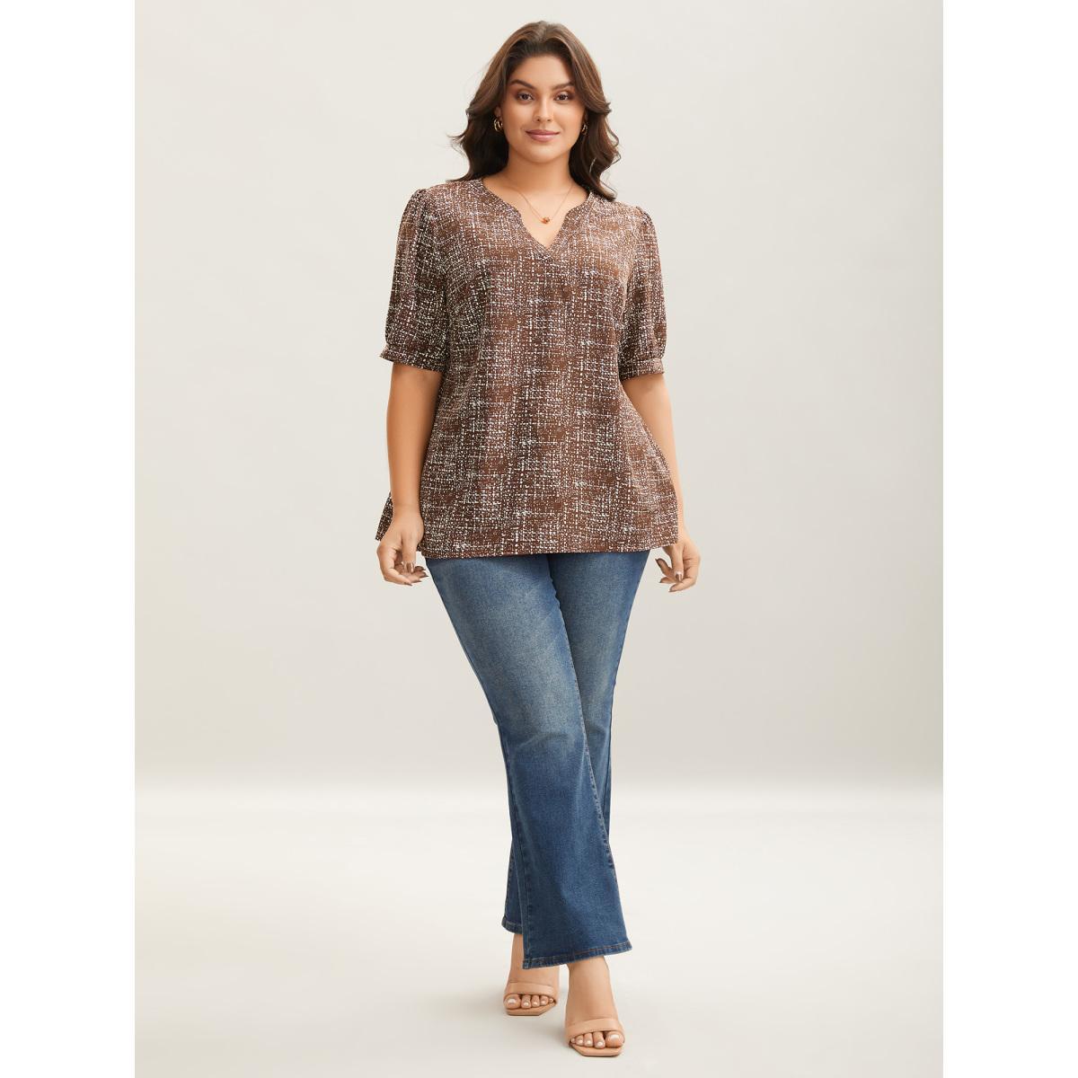 Plus Size DarkBrown Geometric Print Puff Sleeve Blouse Women Elegant Short sleeve Flat collar with V-notch Everyday Blouses BloomChic 18-20/2X Product Image