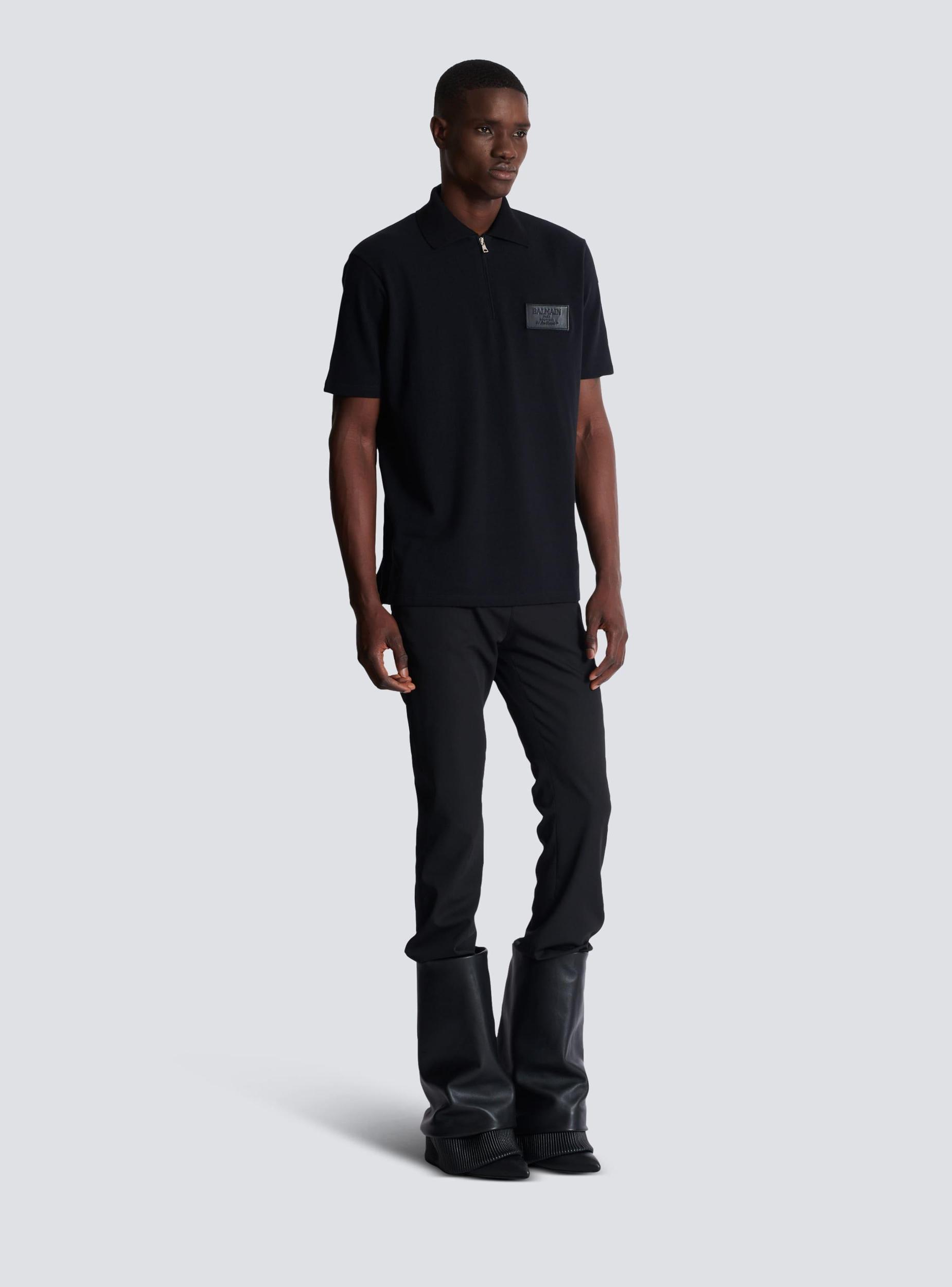 Cotton polo shirt with leather Balmain Couture label Product Image