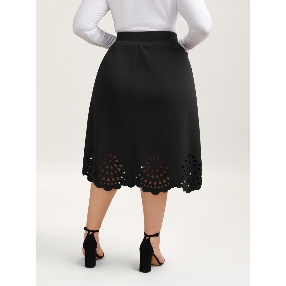 Plus Size Laser Cut-Out Flared Midi Skirt Women Black Elegant Cut-Out Medium stretch Slanted pocket Everyday Skirts BloomChic 18-20/2X Product Image