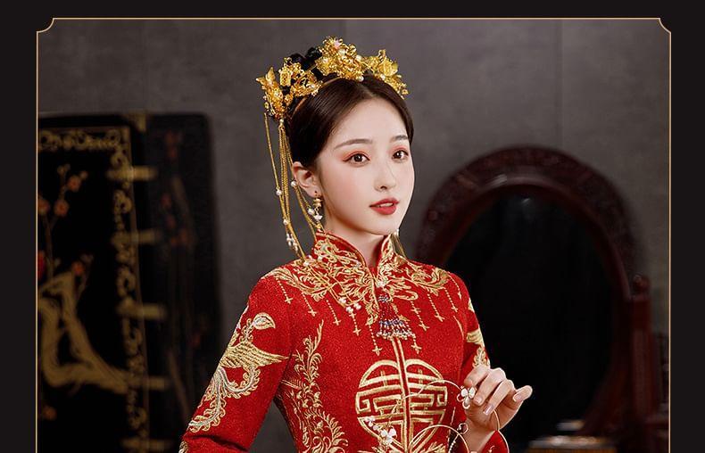 Couple Matching Set: Long-Sleeve Mandarin Collar Embroidered Beaded Chinese Wedding Top + High Waist Maxi A-Line Skirt Product Image