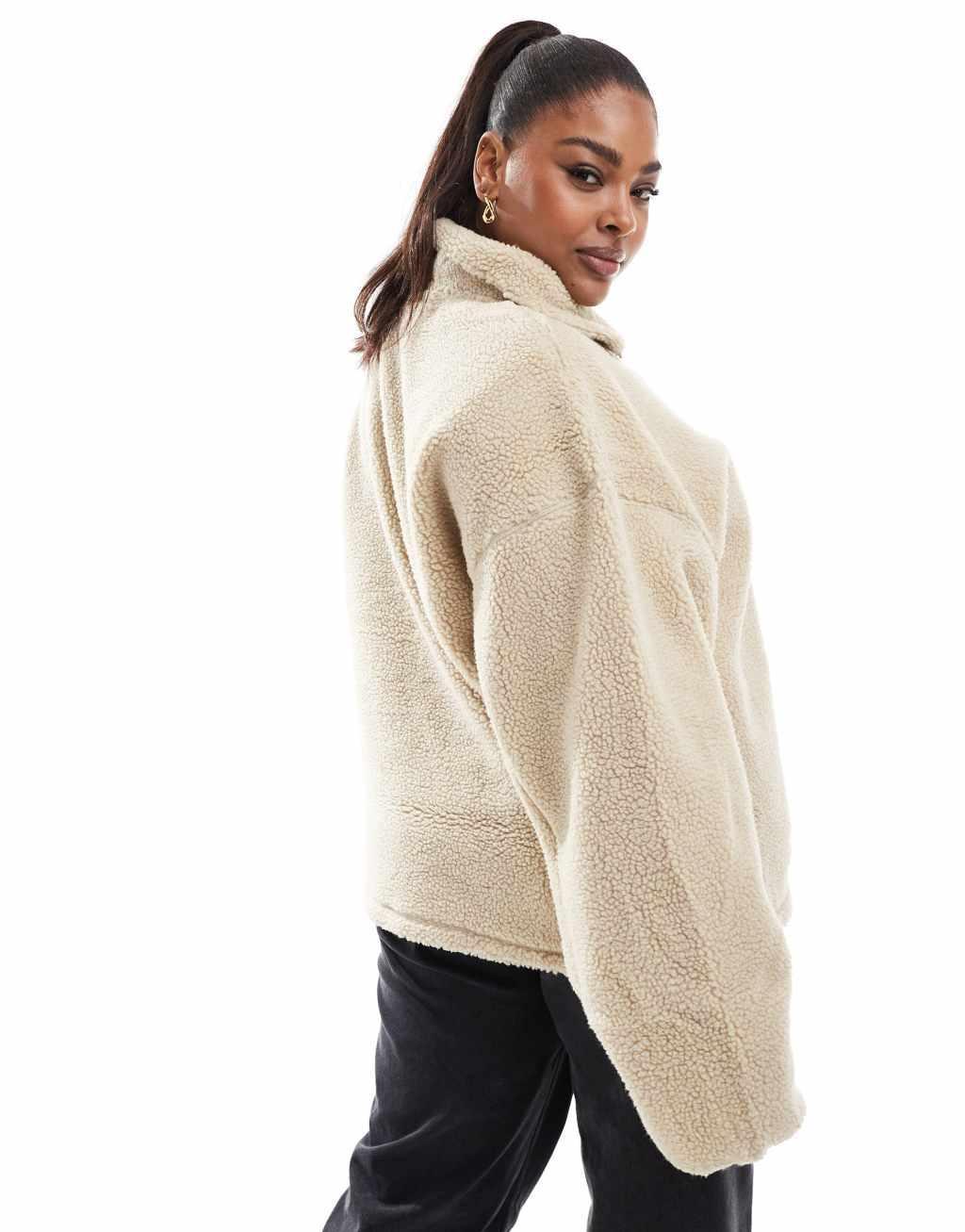 ASOS DESIGN Curve oversized half zip teddy fleece in neutral Product Image