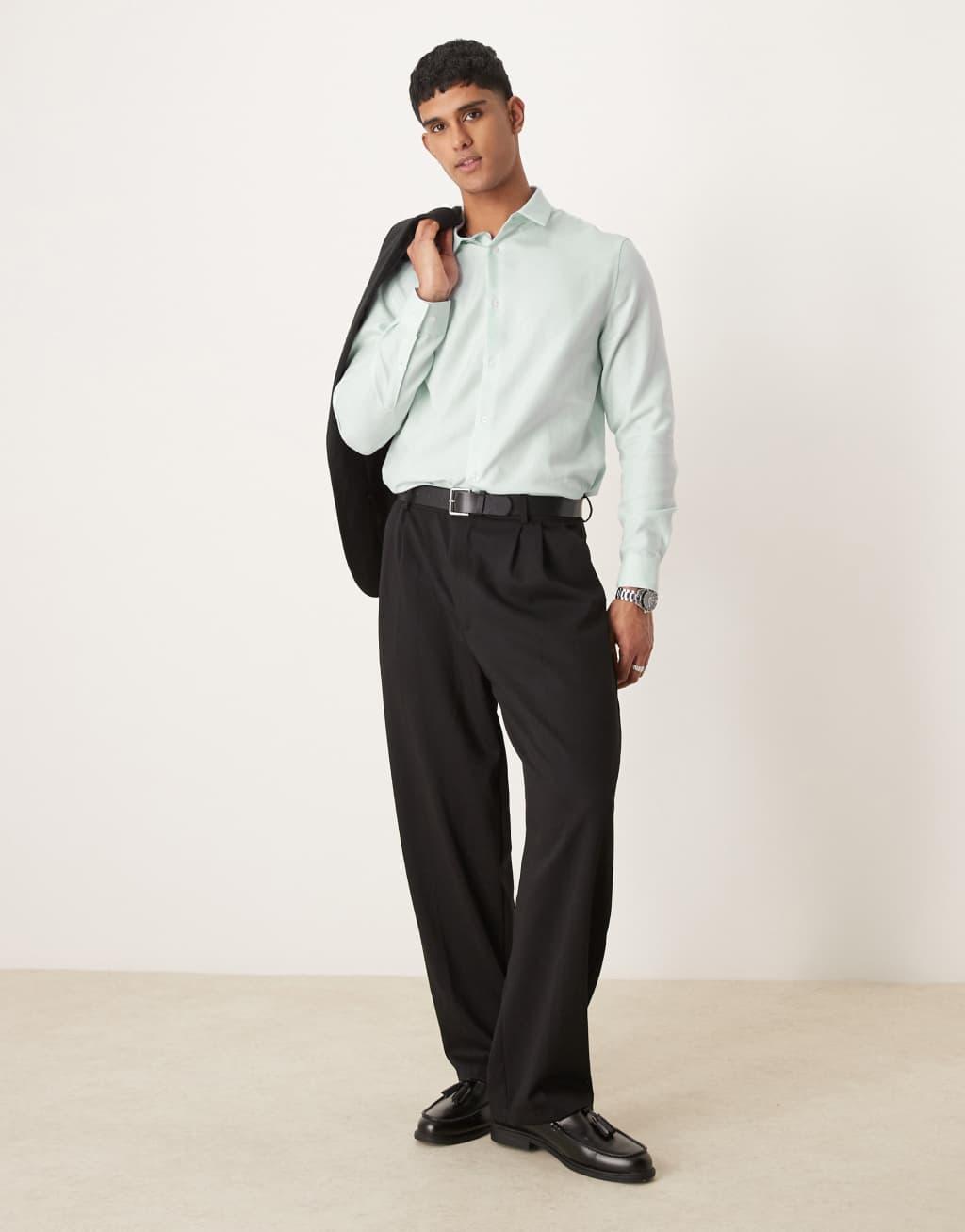 ASOS DESIGN formal easy iron regular shirt in herringbone texture in light blue Product Image
