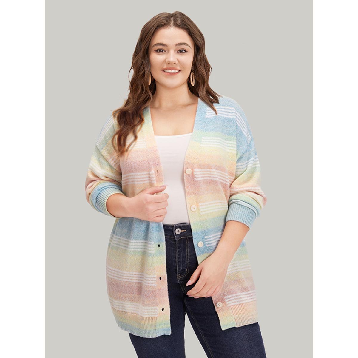Plus Size Rainbow Ombre Elastic Cuffs Button Up Cardigan Multicolor Women Casual Loose Long Sleeve Everyday Cardigans BloomChic 12/L Product Image