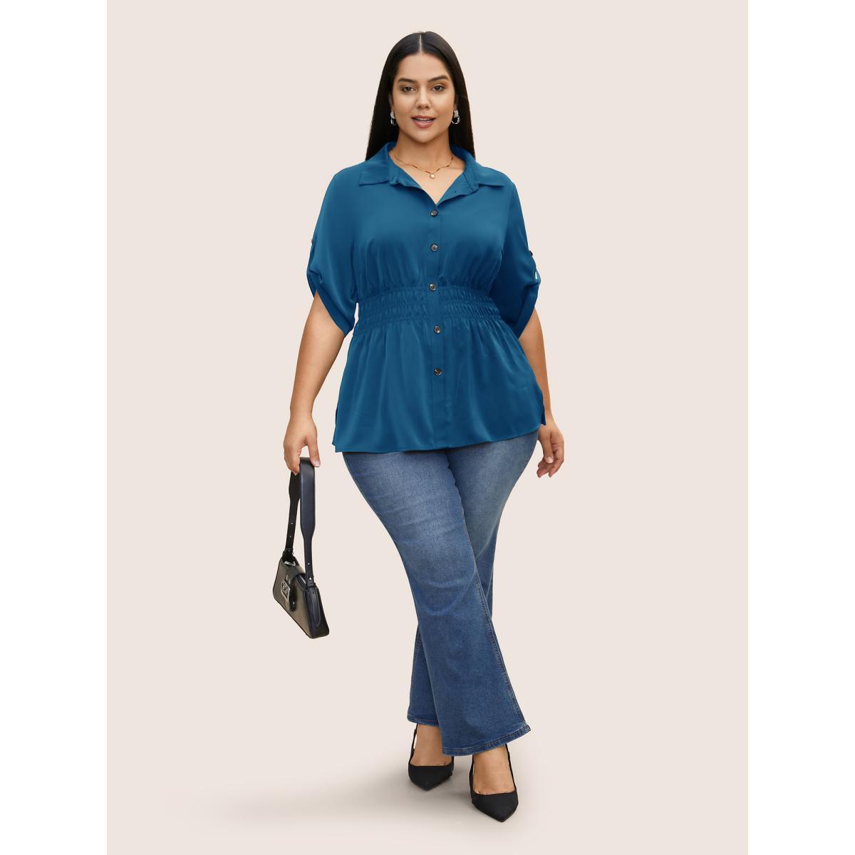 Plus Size Cerulean Shirt Collar Button Cuff Sleeve Blouse Women Work From Home Half Sleeve Shirt collar Work Blouses BloomChic 30/6X Product Image