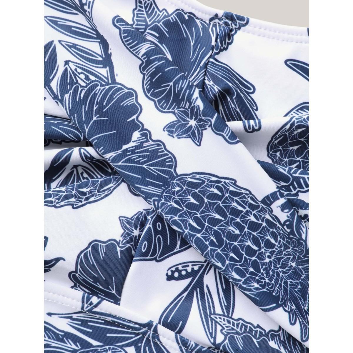 Plus Size Tropical Print Twist Front Swim Dress Women's Swimwear DarkBlue Beach Bodycon Heart neckline High stretch Curve Swim Dresses BloomChic 28/5X Product Image