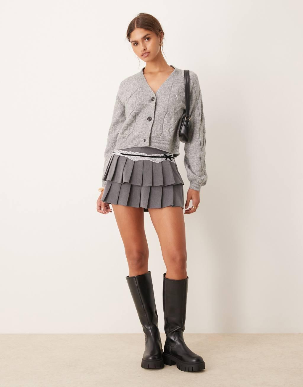 JDY cropped cable knit cardigan in gray Product Image