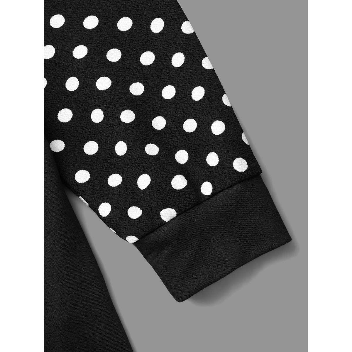 Plus Size Polka Dot Patchwork Raglan Sleeve Sweatshirt Women Black Casual Contrast Loose Round Neck Everyday Sweatshirts BloomChic 12/L Product Image