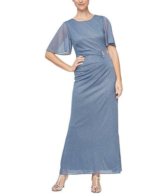 Ignite Evenings Glitter Mesh Ruched Embellished Waist Crew Neck Short Flutter Sleeve Sheath Gown Product Image
