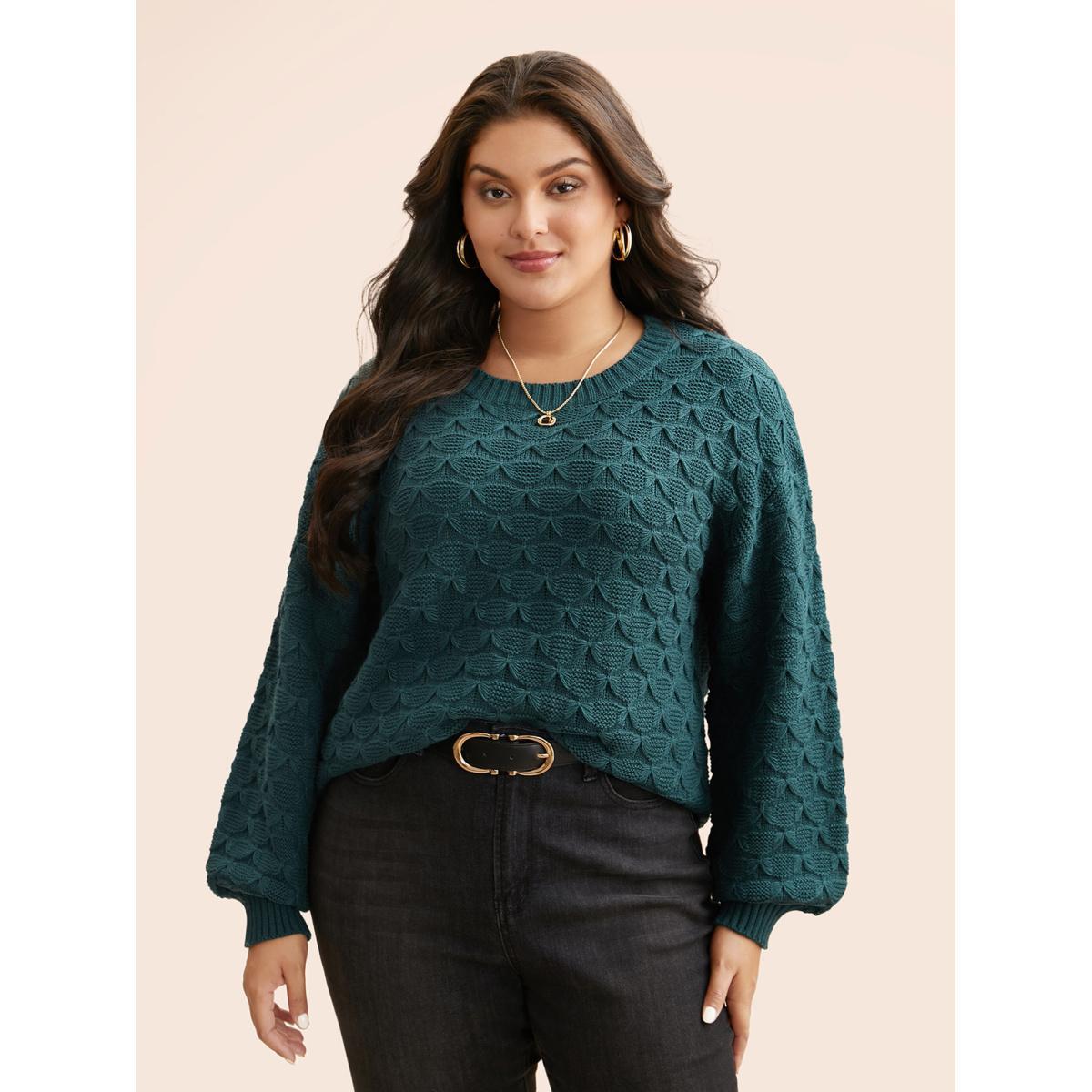 Plus Size Fish Scale Texture Drop Shoulder Pullover Cyan Women Casual Loose Long Sleeve Round Neck Everyday Pullovers BloomChic 28/5X Product Image